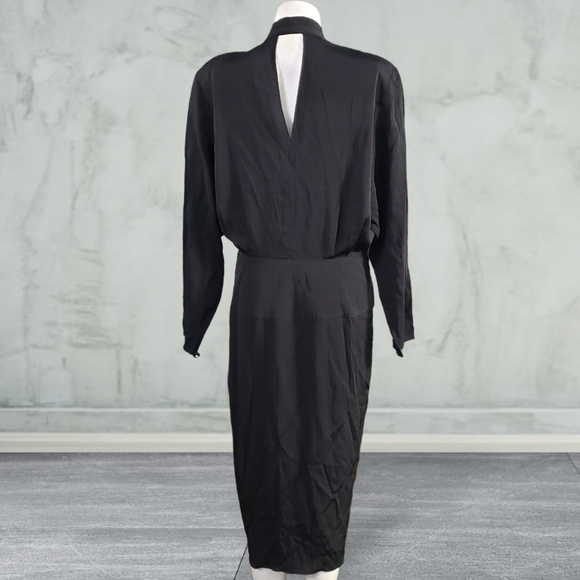 Vintage 80s Barbara Barbara Pleated Drop Waist Wrap Tulip Midi Dress Size 14 - Picture 3 of 9